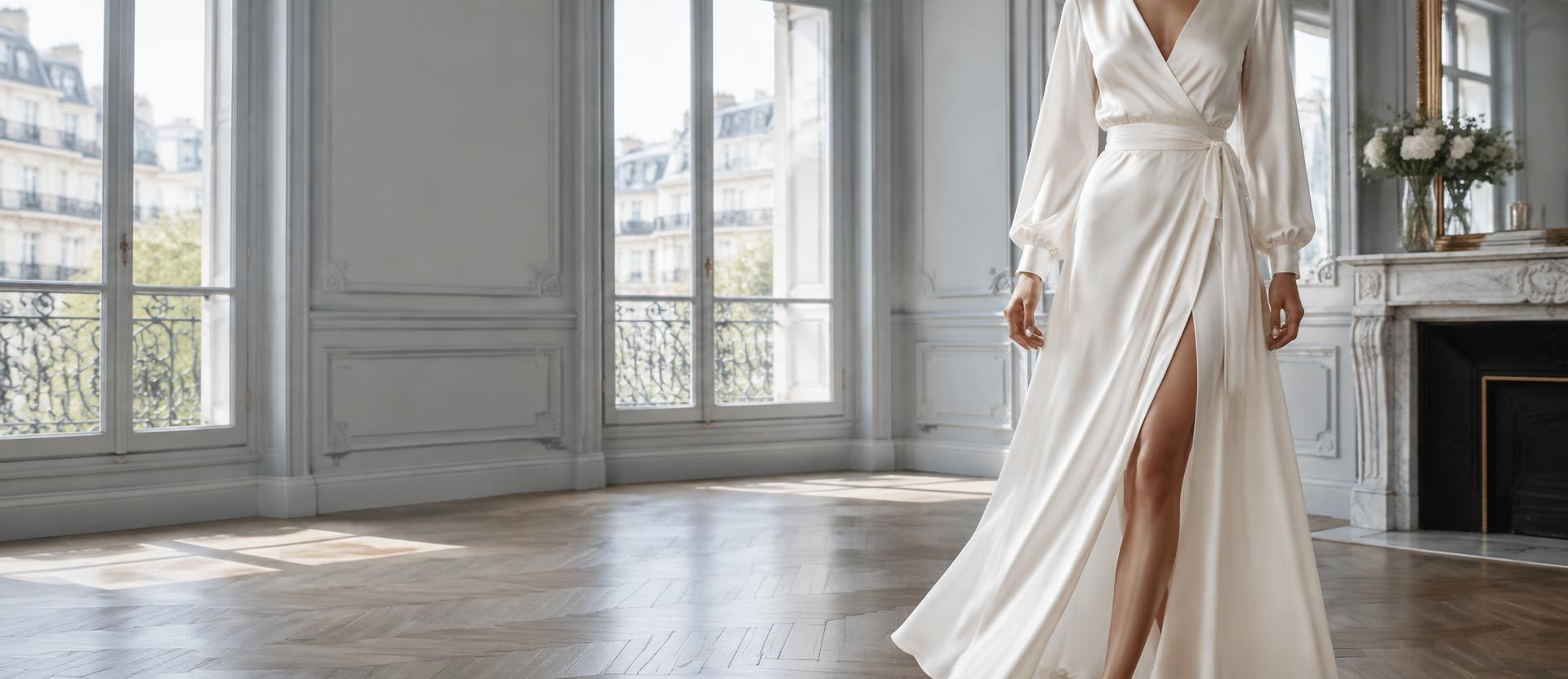 Ivory silk wrap maxi dress in a Parisian apartment